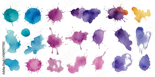 Collection of colorful abstract watercolor splashes and ink blot splatters showing grunge drops, stains, and blobs on white with dynamic artistic flow and texture

