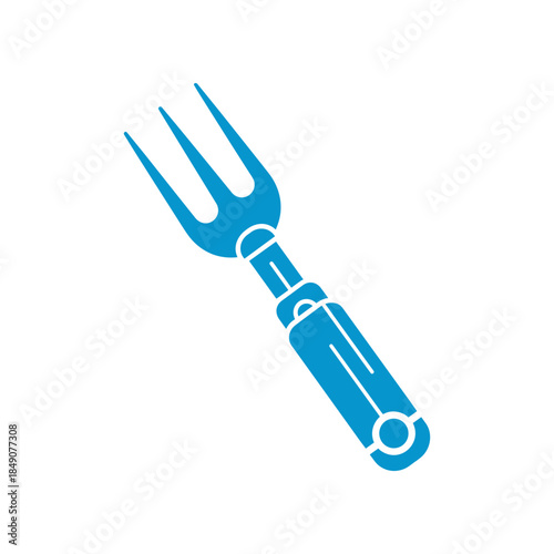 Blue garden fork tool for planting and gardening tasks in the soil.