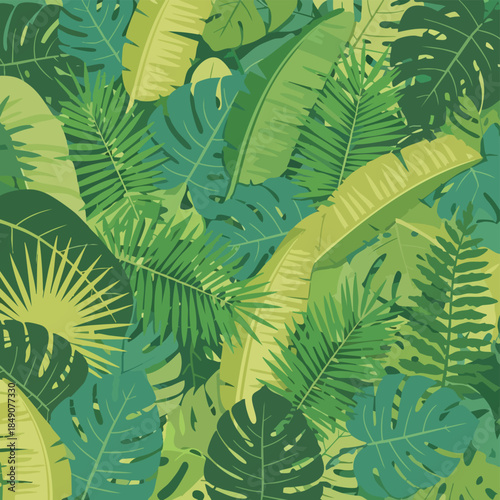 Vibrant green tropical leaf pattern with various palm and monstera leaves in different shades and textures on a seamless background.