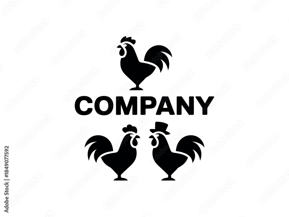 Fototapeta premium Black Rooster Company Logo Design with Three Silhouette Chickens and Hats