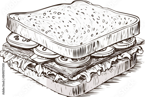Hand drawn vector line art illustration of a sandwich, vintage engraving food illustration