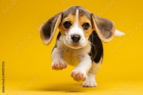 Cute Beagle Puppy Running Towards Camera Against Yellow Background in Studio ...