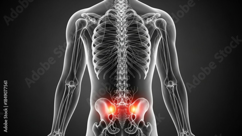 Human skeleton with highlighted lower back and pelvis area on dark background