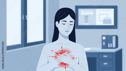 Woman experiencing heart pain or discomfort in a medical office setting with a red spot on her chest