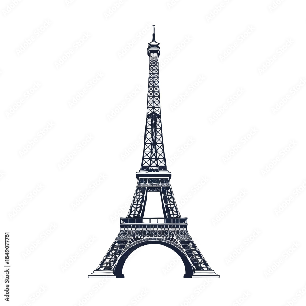 Obraz premium The elegant Paris landmark, Eiffel Tower, is rendered in a minimalist flat 2D vector illustration style, standing proudly isolated on a clean white background.