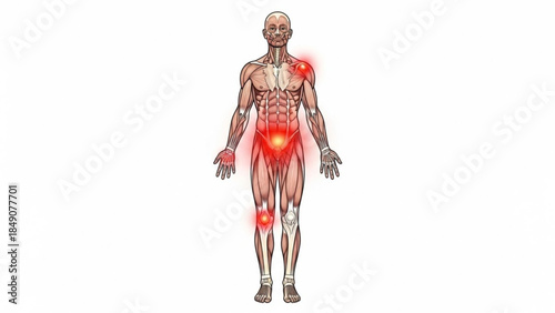 Full body human skeleton with highlighted pain areas