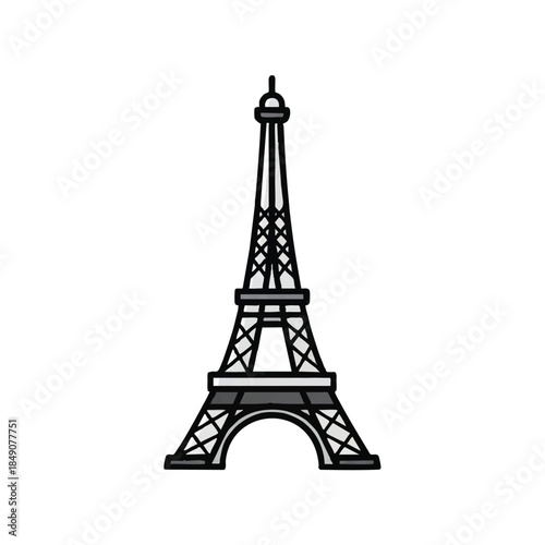 The famous Parisian Eiffel Tower landmark is presented as a sleek, simplified vector icon, featuring a modern flat 2D cartoon graphic style isolated against a bright white background.