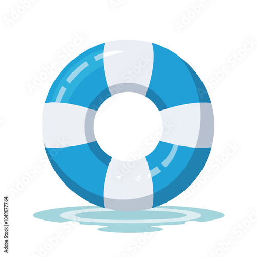 A blue and white inflatable life preserver floats on rippled water against a plain white background with a slight shadow underneath.