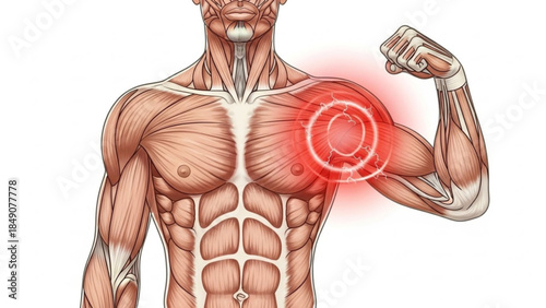 Muscular man with red highlighted shoulder injury on bicep muscle