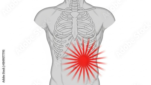 Human torso with red pain burst on lower back and ribcage visible