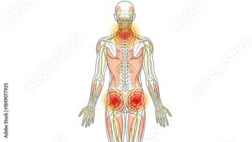 Human body anatomy with highlighted pain points on back and joints