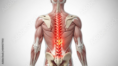 Human body with highlighted spine and back muscles on showing anatomy