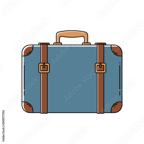 Classic Blue Suitcase with Brown Straps and Buckles.