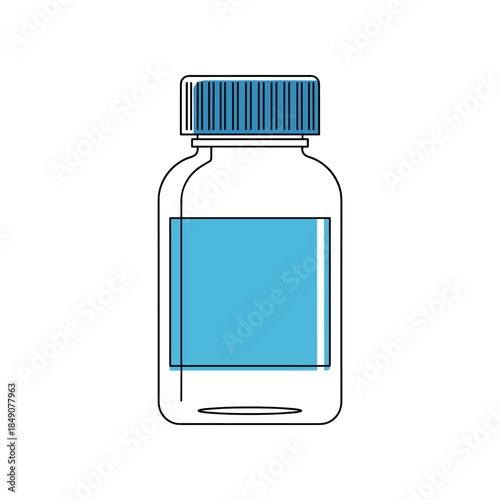 Clear Glass Bottle with Blue Label and Cap.