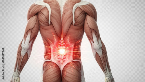Human back muscles with highlighted lower back pain area