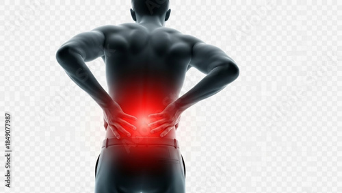 Man with back pain standing with hands on lower back area highlighted in red