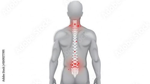 Human body with highlighted spine and lower back pain areas