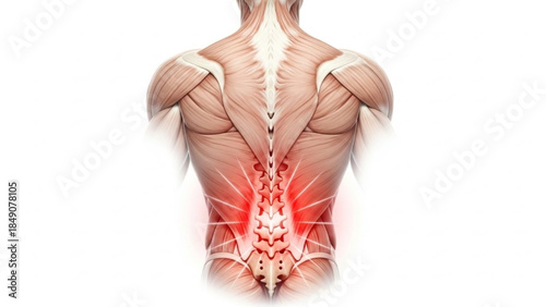 Human back muscles with highlighted lower spine and glowing red lower back pain area