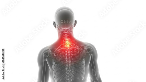 Human male anatomy with highlighted pain in the neck and upper back area body