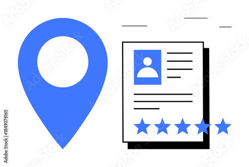 Blue location pin beside a user profile with a five-star rating. Represents themes thumbs up navigation, user reviews, client satisfaction, identity, geotagging, credential validation, online