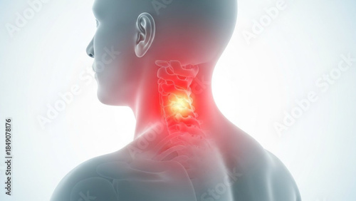 3d illustration of a man with a glowing red pain point on his neck and spine