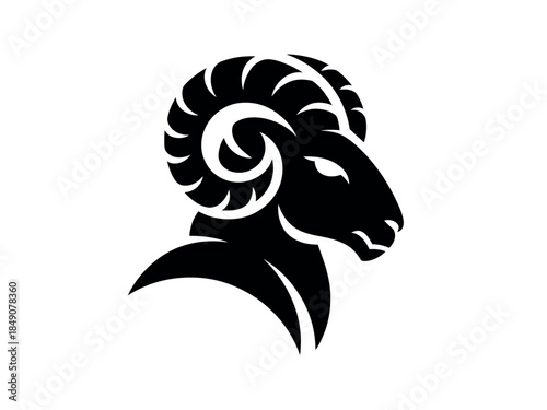 Black and White Ram Head Logo with Curly Horns on White Background