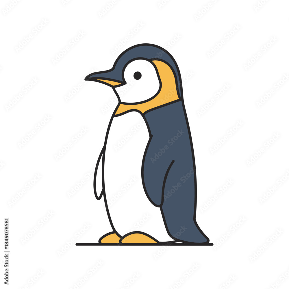 Fototapeta premium Cute cartoon penguin standing upright with yellow accents.