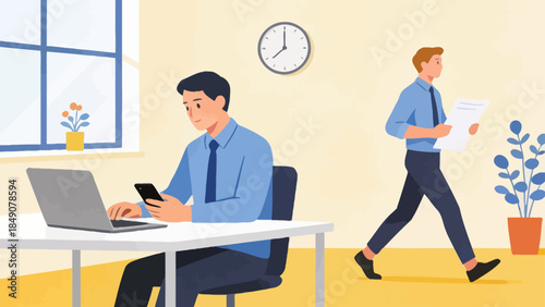 Office workers man using laptop and phone