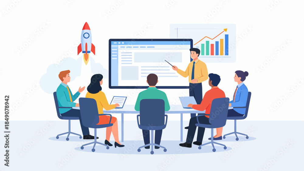 Fototapeta premium Business meeting with presentation and rocket