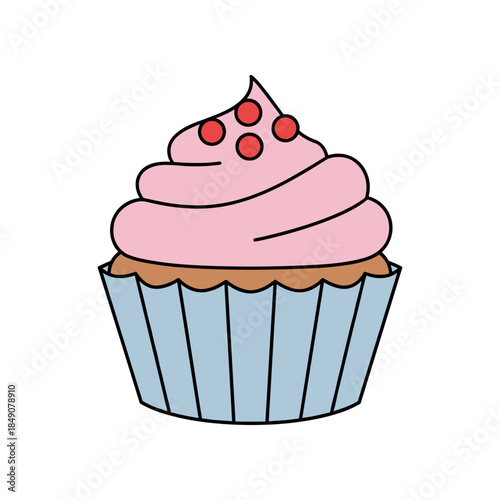 Delicious pink frosted cupcake with cherry toppings in a blue paper cup.