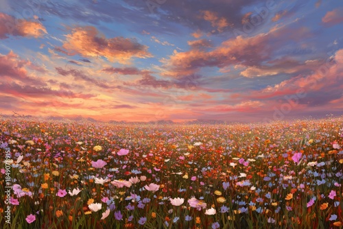 Colorful Wildflowers Blooming in a Meadow at Sunset With Clouds Painting the Sky