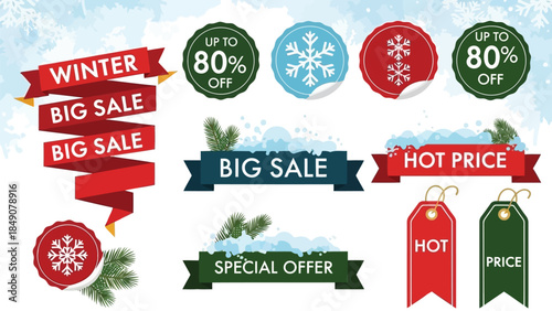 Winter Big Sale and Special Offer Banners with Snowflakes and Pine Branches isolated on white background