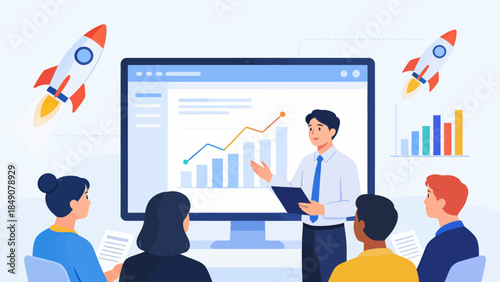 Business presentation with data charts