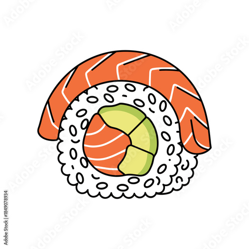 Delicious Salmon Sushi Roll with Rice and Avocado Illustration.