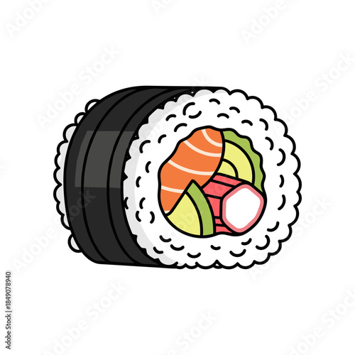 Delicious single sushi roll with salmon avocado and crab stick.