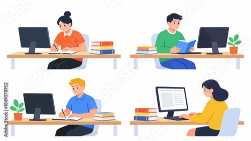 Four people working at desks