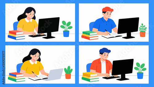 Four people working at desks with computers