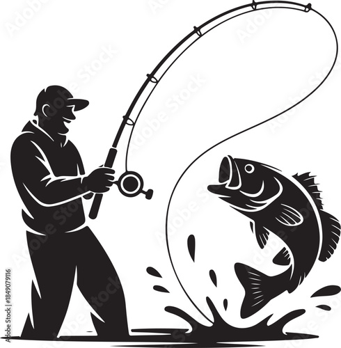 Fisherman reeling in jumping bass fish splashing water black and white fishing
