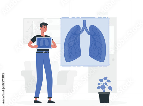 Man holding lung x-ray standing next to large digital display of lungs medical doctor
