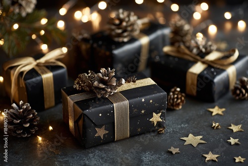 Elegant Wrapped Presents for Christmas Eve Celebration With Golden Details an...