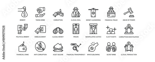 Set of icons for corruption. Editable stroke. Vector illustration	

