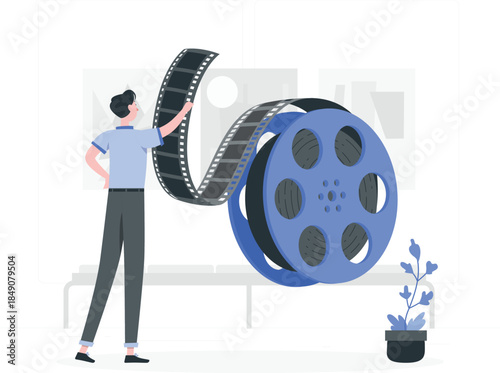 Man holding reel and strip blue shirt gray pants de