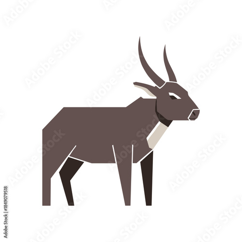 Geometric illustration of a dark brown antelope with long horns standing gracefully.