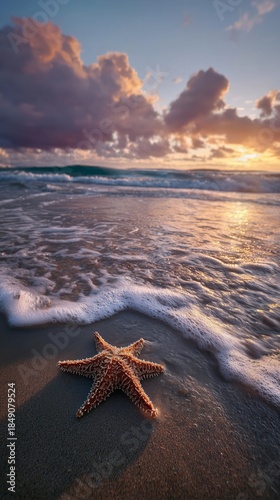 Starfish on Beach at Sunset With Waves Washing Ashore in a Golden Hour Light