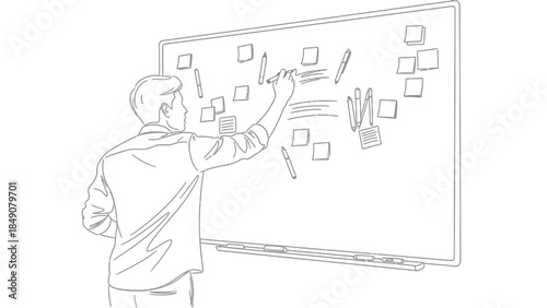 Man writing on whiteboard with sticky notes and markers sketch