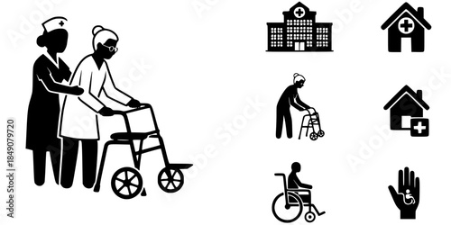 Caregiver Assisting Senior with Walker Vector Silhouette
