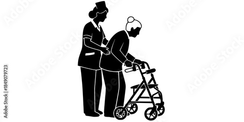 Caregiver Assisting Senior with Walker Vector Silhouette