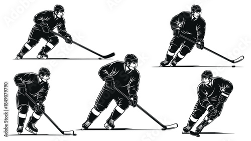 Collection of five black and white ice hockey player poses