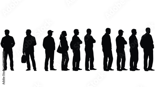 Silhouettes of diverse people standing in a waiting line formation