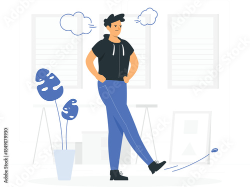 Man in black shirt and blue jeans standing with hands in pockets and thought bubbles person d